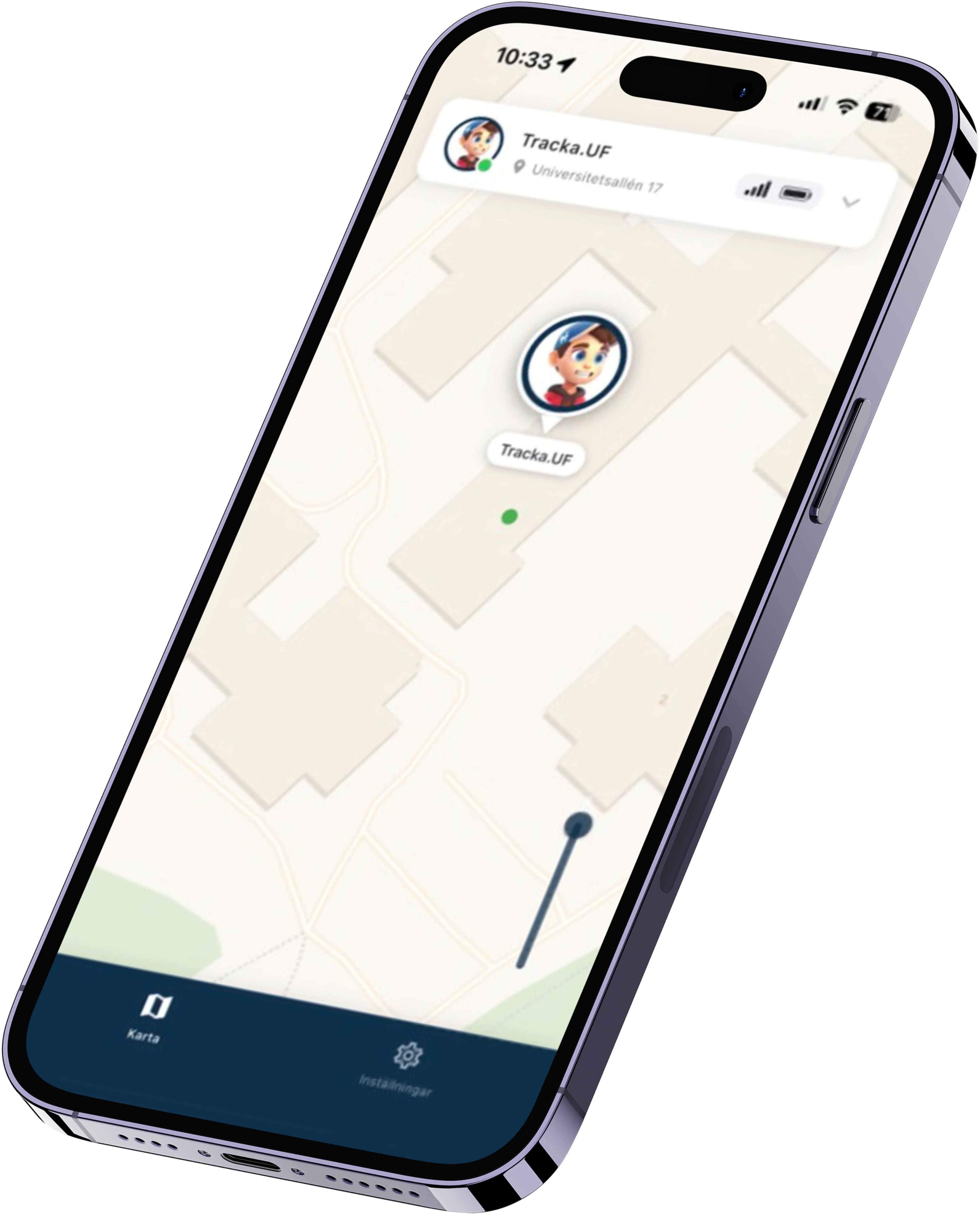 Tracka-appen visad i en iPhone med karta och platsdelning